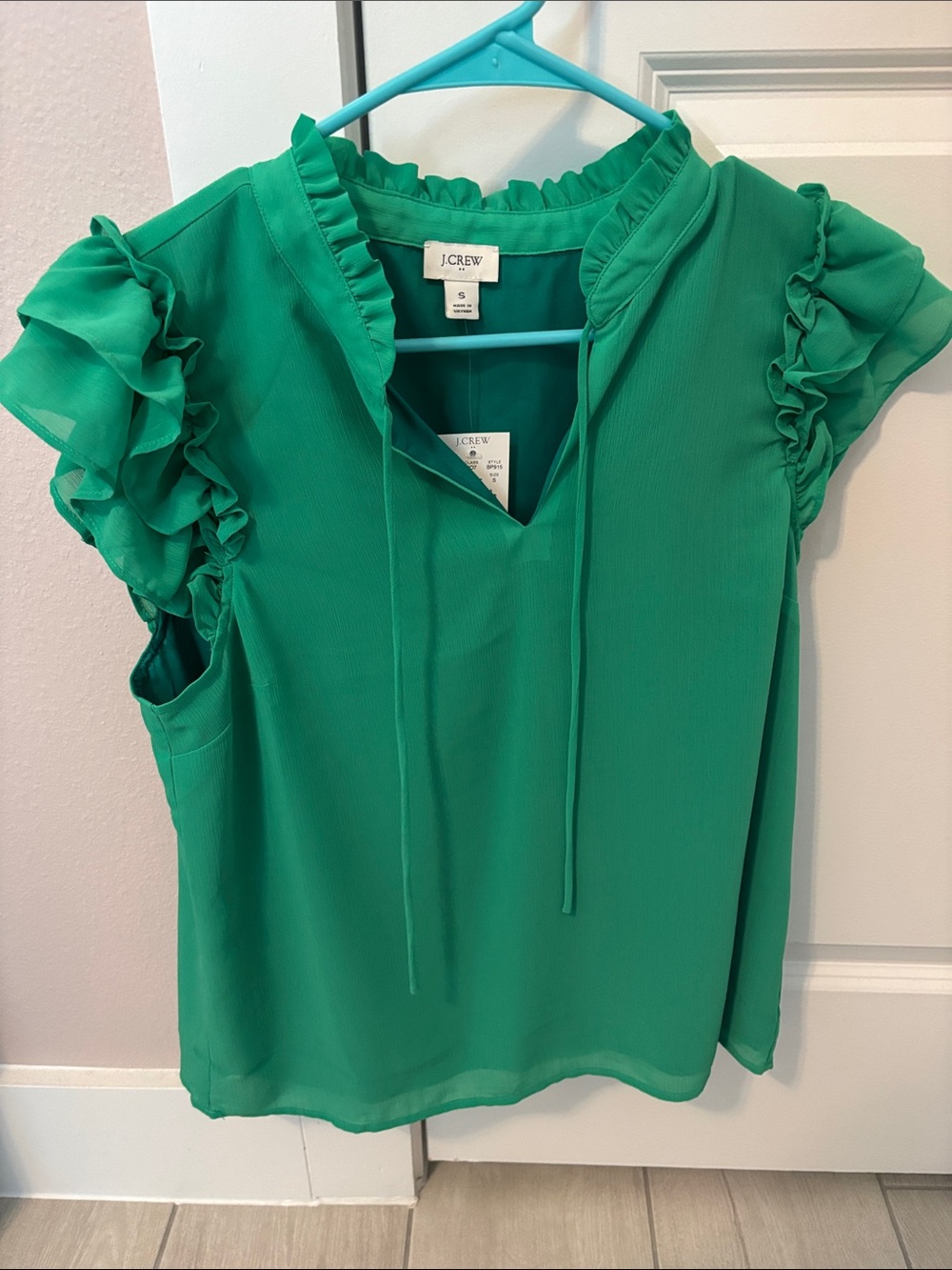 J. Crew Emerald Green Ruffle Tie-Neck Blouse